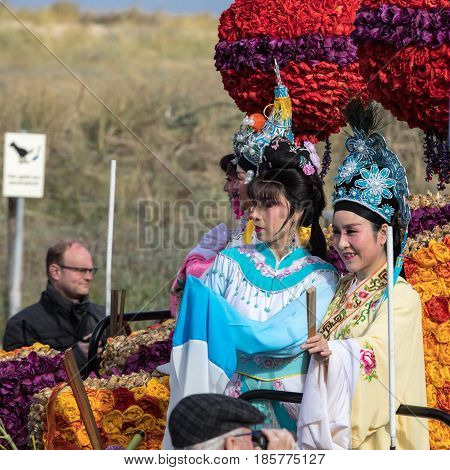 NOORDWIJK NETHERLANDS - 22 APRIL 2017: Platform with tulips and hyacinths during the traditional flowers parade Bloemencorso from Noordwijk to Haarlem in the Netherlands.