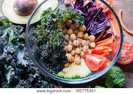 Chickpea and veggies salad kale broccoli healthy homemade vegan food vegetarian diet vitamin snack