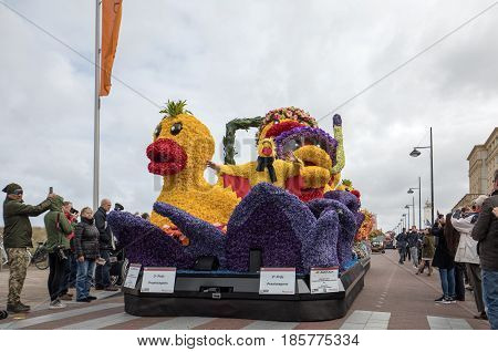 NOORDWIJK NETHERLANDS - 22 APRIL 2017: Platform with tulips and hyacinths during the traditional flowers parade Bloemencorso from Noordwijk to Haarlem in the Netherlands.