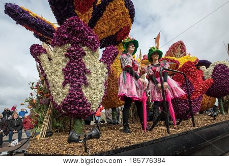 NOORDWIJK NETHERLANDS - 22 APRIL 2017: Platform with tulips and hyacinths during the traditional flowers parade Bloemencorso from Noordwijk to Haarlem in the Netherlands.