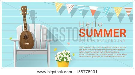 Hello summer background with ukulele on white chair , vector , illustration