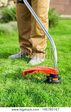 Closeup of a Gardener Using a Weed Trimmer