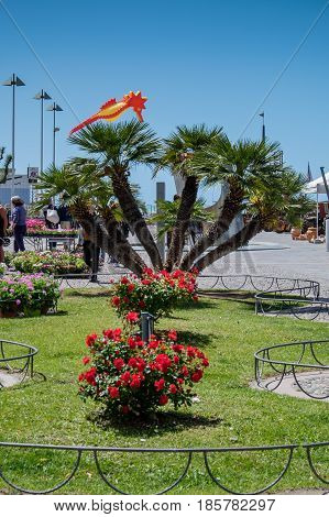MARINA di CECINA ITALY - May 07 2017: Largo Cairoli during the Kite Festival and the flowers