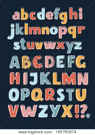 Vector cartoon vector English alphabet A-Z Outline Color. Sans hand drawn typeface. Uppercase and lowercase letters set in a different colors on dark background