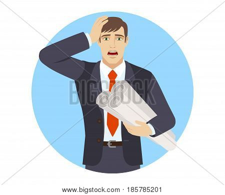 FBusinessman holding the project plans and grabbed his head. ull length portrait of businessman character in a flat style. Vector illustration.