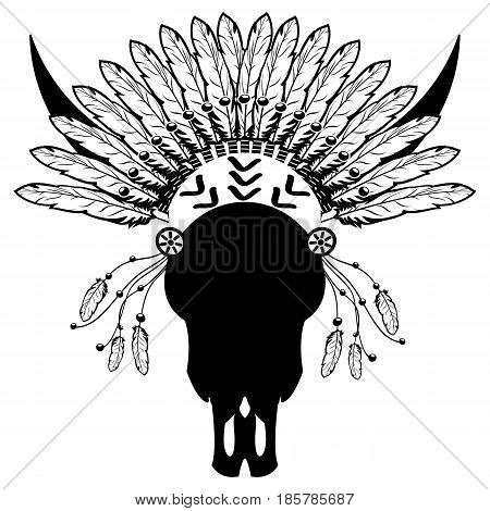 Warrior style Wild Animal Skull  with tribal Headdress with plain feathers, decorative band and beads  in white and black symbolizing native American people