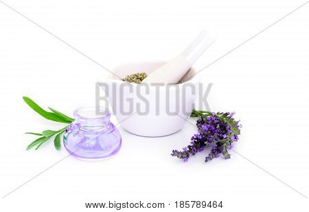 Lavender Flowers, Lavander Extract And Montar With Dry Flowers Isolated On White