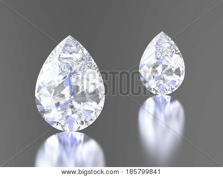 3D illustration two diamond teardrop with reflection on a gray background