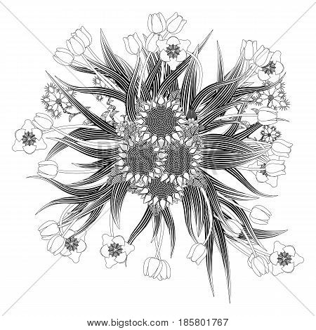 Mandala bouquet of tulips of sunflowers and wildflowers coloring for adults