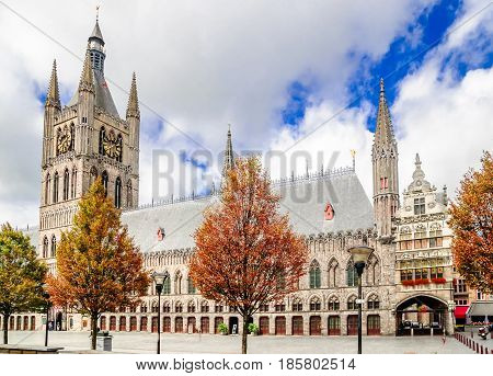 View on historical Lakenhal building in Ypres - Belgium