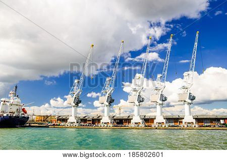 View on Cargo cranes in port of Antwerp in Belgium