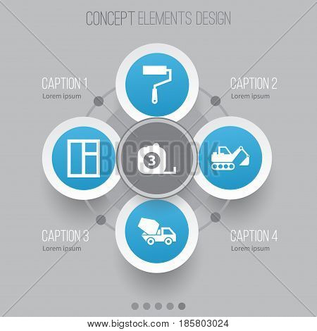 Architecture Icons Set. Collection Of Cement Vehicle, Paint Roller, Digger And Other Elements. Also Includes Symbols Such As Cement, Digger, Roller.