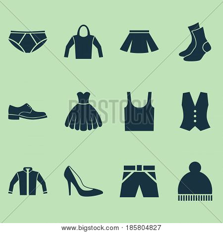 Garment Icons Set. Collection Of Trunks Cloth, Elegance, Heel Footwear And Other Elements. Also Includes Symbols Such As Hoodie, Beanie, Sundress.