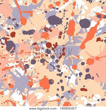 Orange beige grey artistic ink paint splashes seamless pattern vector