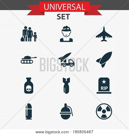 Combat Icons Set. Collection Of Dangerous, Panzer, Rip And Other Elements. Also Includes Symbols Such As Tomb, Bombshell, Fighter.