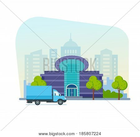 A modern shopping and entertainment center, an architectural structure, a resting place. Urban landscape. Modern vector illustration isolated on white background.