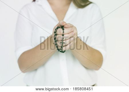 Woman Hands Hold Cross Necklet Pray Studio