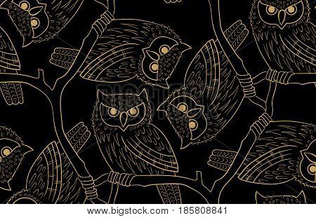 Big-eared owl. A seamless pattern in the handdrawn style. Black and gold graphics Texture for scrapbooking, wrapping paper, textiles, web page, wallpapers, surface design, fashion