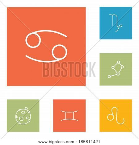 Set Of 6 Horoscope Outline Icons Set.Collection Of Cancer, Moon, Constellation And Other Elements.
