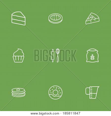 Set Of 9 Oven Outline Icons Set.Collection Of Pancakes, Donuts, Cake And Other Elements.