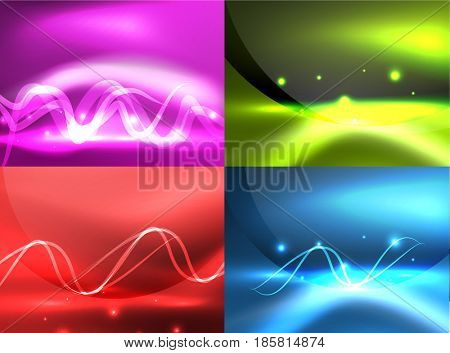 Set of glowing shiny wave backgrounds, energy concept illustrations