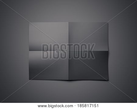 Blank black folded sheet of paper on dark floor. 3d rendering