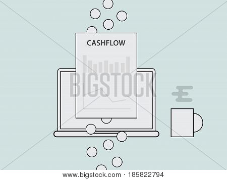 cashflow concept illustration with laptop a glass of coffee and paper graph chart document finance and gold coin money flow with vector line style vector