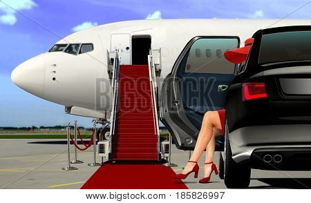Limousine arrival at the airport with red carpet