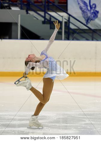 ST. PETERSBURG, RUSSIA - APRIL 18, 2017: Ladies' single figure skating competitions on prix of SPb Federation of Figure Skating. 150 athletes from 6 regions of Russia take part in the competitions