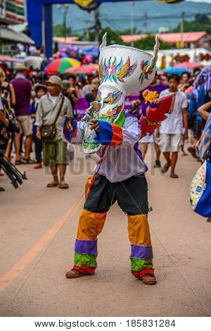 LOEI THAILAND - JUNE 27, 2015 : Thai northeastern traditional Phi Ta Khon ghost festival parade in Dansai of Loei, Thailand.