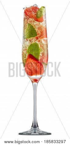fresh fruit alcohol cocktail or mocktail in champagne glass with ice, strawberry and mint isolated on white background