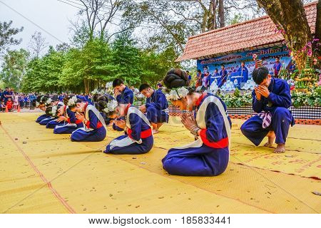 NAKORN PHANOM THAILAND - FEBRUARY 14, 2015: Thai northeastern dance in Phutai world event day in Renunakorn of Nakorn Phanom, Thailand.