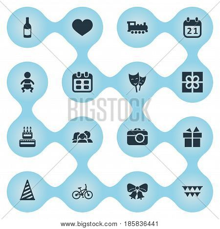 Vector Illustration Set Of Simple Celebration Icons. Elements Confectionery, Box, Cap And Other Synonyms Box, Gift And Locomotive.