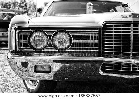 PAAREN IM GLIEN GERMANY - MAY 19: Headlamp a full-size car Ford LTD (Americas) black and white The oldtimer show in MAFZ May 19 2013 in Paaren im Glien Germany