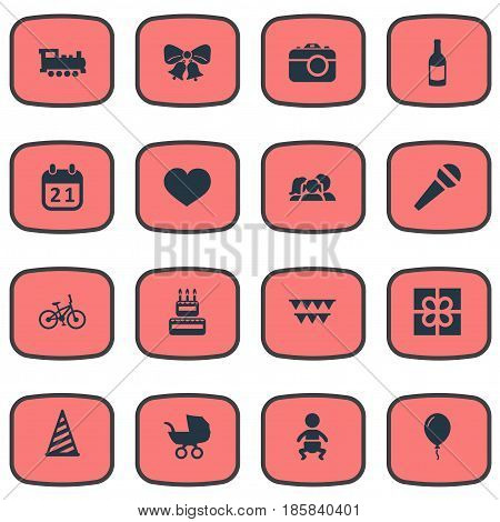 Vector Illustration Set Of Simple Celebration Icons. Elements Camera, Special Day, Speech And Other Synonyms Calendar, Stroller And Gift.