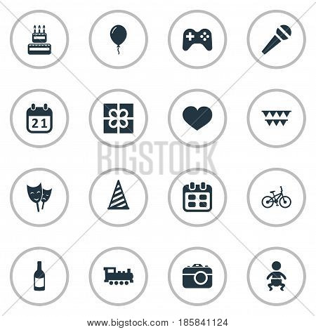 Vector Illustration Set Of Simple Celebration Icons. Elements Aerostat, Bicycle, Special Day And Other Synonyms Heart, Party And Camera.