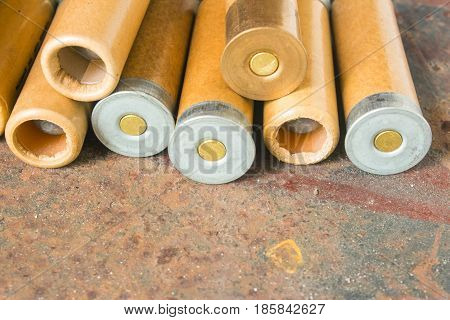 Hunting cartridges of paper with a shot and a bullet. Empty space for text