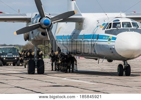Kiev Region Ukraine - April 24 2012: Special counter-terrorist forces train to rescue the hostages from the plane captured by the terrorists