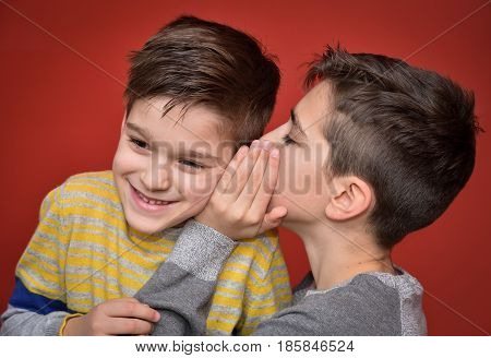 Young boy whispering secret into ears of smiling brother