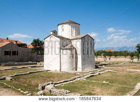 NIN CROATIA - JULY 2 2015: Church of the Holy Cross is a Croatian Pre-Romanesque Catholic church originating from the 9th century in Nin