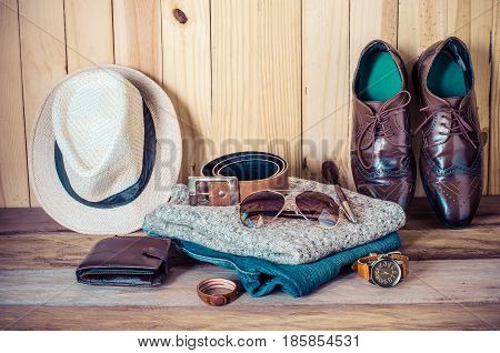 Clothing for men on the wooden floor