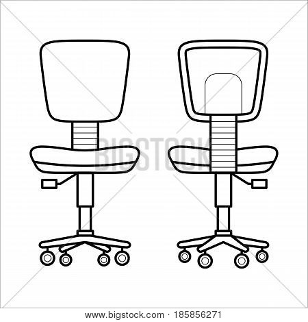 Modern chair - element of office furniture. Comfortable seat with armrests for work. Flat vector icon of armchair in simple outline style. Black thin linear illustration isolated on white background.