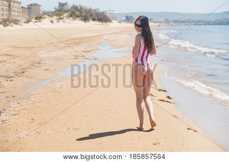 Rear view of beautiful young woman patriot USA on the ocean.