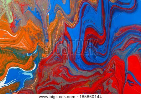Liquid marbling paint background. Fluid painting bright abstract texture. Colorful mix of acrylic vibrant colors.
