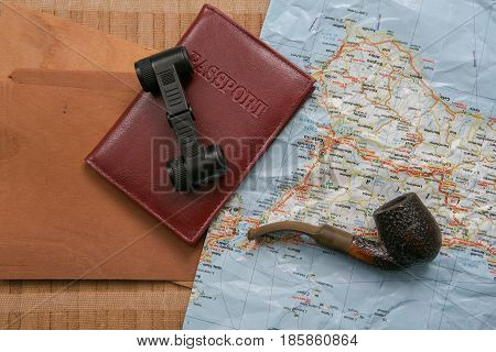 Travel Planning - Map With Passport, Shells And Binoculars
