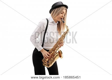 Female jazz musician playing a saxophone isolated on white background