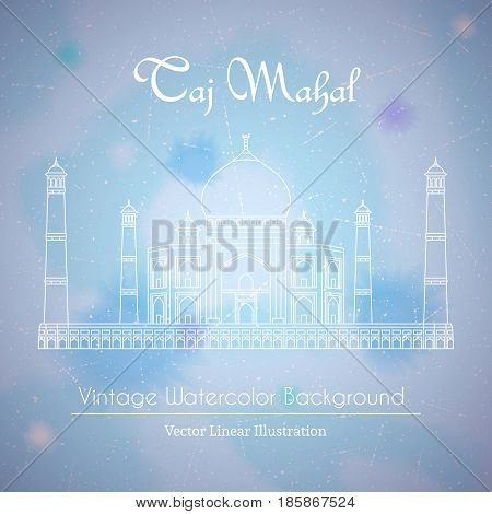 Taj Mahal Temple in India. Vector linear illustration on watercolor background
