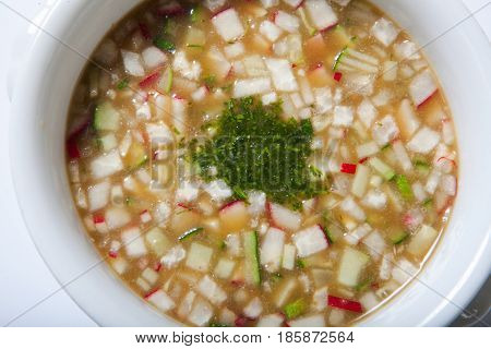 Russian Cold Vegetable Soup On Yogurt, Sour-milk Base - Okroshka