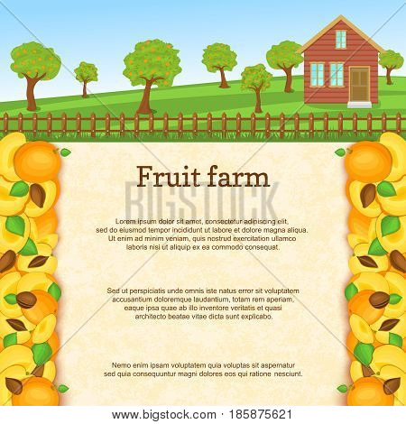 Vector illustration of a fruit farm. Juicy apricots fruit border. House, fence, fruit, trees, background with paper texture for menu design, juice packaging, breakfast, diet, detox