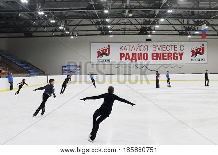 PERM RUSSIA - JAN 10 2017: Juniors skates in Sports Palace Eaglet In Sports Palace Eaglet first Youth Figure Skating School was opened in Perm in 1985